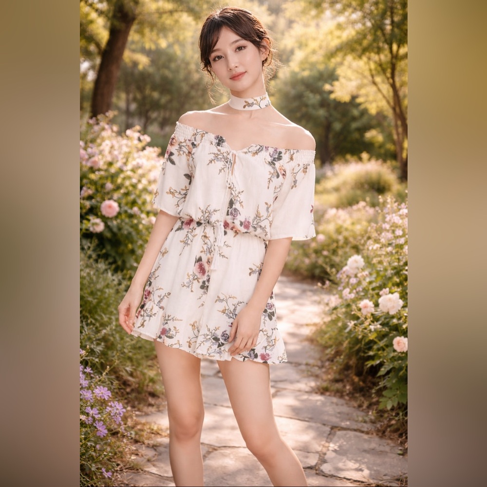 ROMWE Floral Off-Shoulder Romper - White